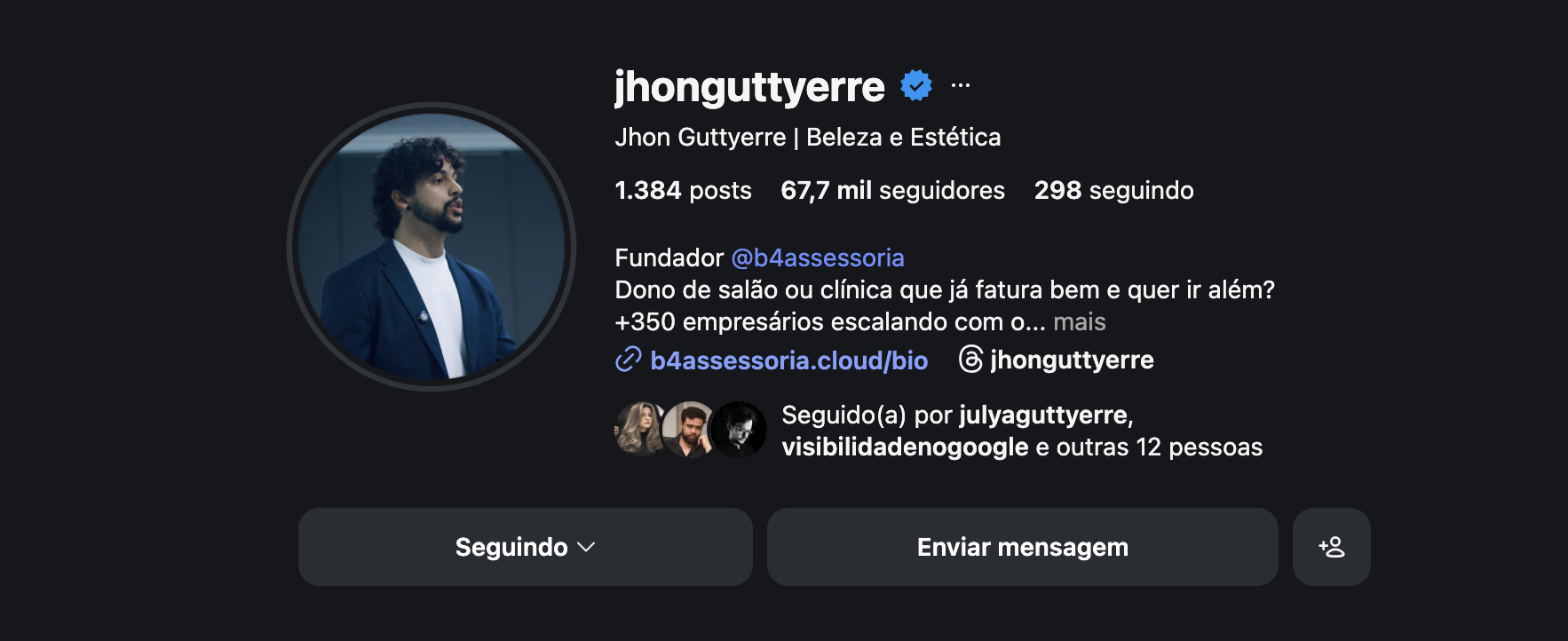 Perfil Instagram de Jhon Guttyerre — CEO B4 com mais de 67 mil seguidores