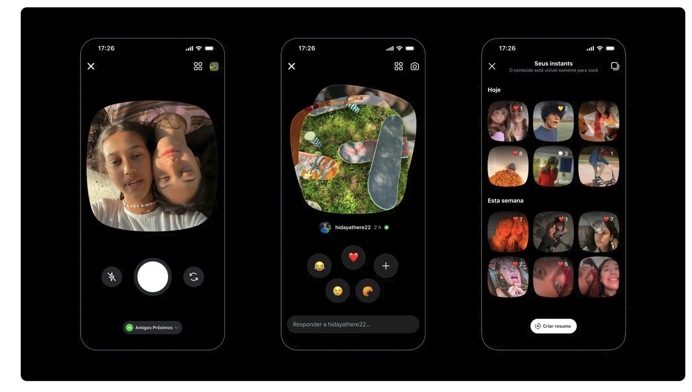 Três telas do app Instants: câmera com Amigos Próximos, foto recebida com reações em emoji, e biblioteca Seus Instants com retrospectivas